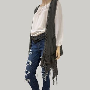 Gray Crochet Duster Vest | Asymmetric Fringe Hem Boho Western OS NWT